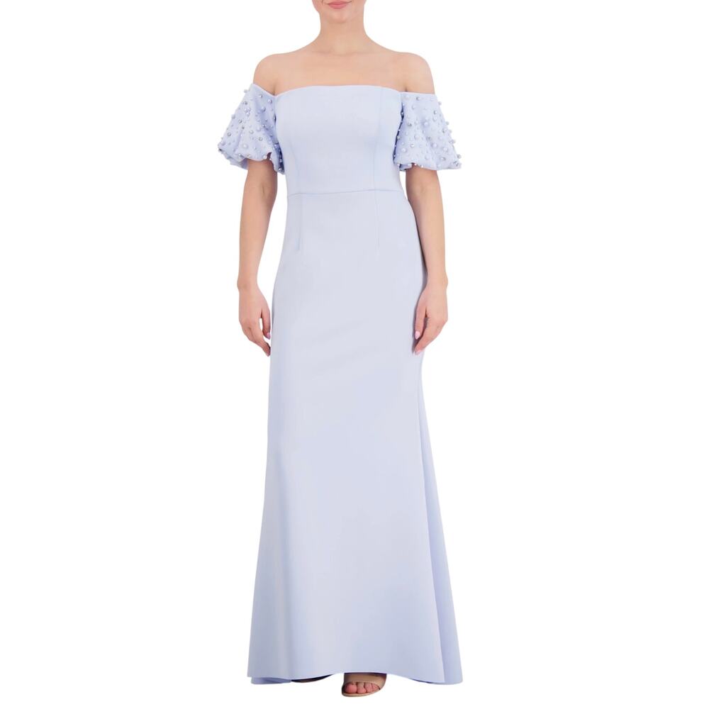 Eliza J Blue Evening Gown Off the Shoulder Beaded Short Sleeve Long Dress Size 6